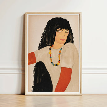 Fashion Postcard no 860 - Wiener Werkstätte Art Print / Canvas Framed Illustration Woman Curly Black Hair Colorful Beaded Loose Ivory