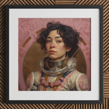 Faustina - Impresión artística en lienzo de astronauta lesbiana mexicana, 12x12’’ / 31x31cm / Marco negro / Paspartú, pósters, impresiones y arte visual, Toby
