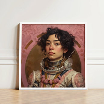 Framed Portrait Woman Astronaut Suit Curly Dark Hair Lesbian Latina, Faustina, Gayest