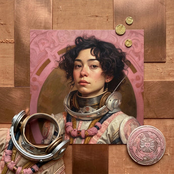 Faustina - Mexican Lesbian Astronaut Art Print / Canvas Detailed Portrait Woman Ornate Vintage-style Astronaut Suit Metallic Lesbian Latina
