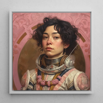 Faustina - Mexican Lesbian Astronaut Art Print / Canvas Framed Portrait Woman Astronaut Suit Curly Dark Hair Lesbian Latina Astronaut,