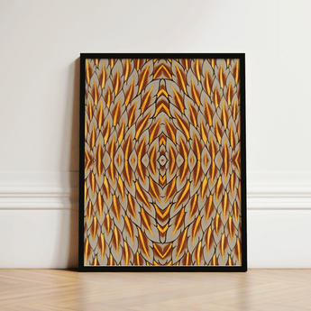 Framed Abstract Artwork Symmetrical Geometric Pattern Golden Brown Trippy Thai Garuda, Art, Ancient Mythology