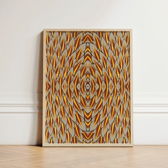 Framed Abstract Artwork Symmetrical Geometric Pattern Golden Brown Trippy Thai Garuda, Art, Ancient Mythology