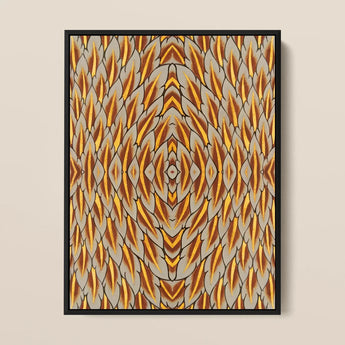 Featherweight Champion - Trippy Thai Garuda Art Print / Canvas Framed Abstract Artwork Symmetrical Geometric Pattern Golden Brown, Ancient