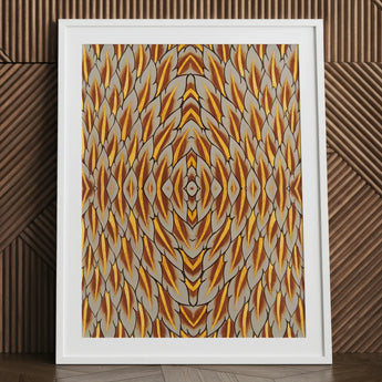 Featherweight Champion - Trippy Thai Garuda Art Print / Canvas Framed Abstract Artwork Symmetrical Geometric Pattern Golden Rust-colored,
