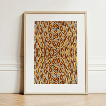 Featherweight Champion - Trippy Thai Garuda Art Print / Canvas Framed Abstract Artwork Symmetrical Geometric Pattern Orange Beige, Ancient