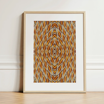 Featherweight Champion - Trippy Thai Garuda Art Print / Canvas Framed Abstract Artwork Symmetrical Geometric Pattern Orange Beige, Ancient