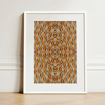 Featherweight Champion - Trippy Thai Garuda Art Print / Canvas Framed Abstract Artwork Symmetrical Geometric Pattern Orange Beige, Ancient
