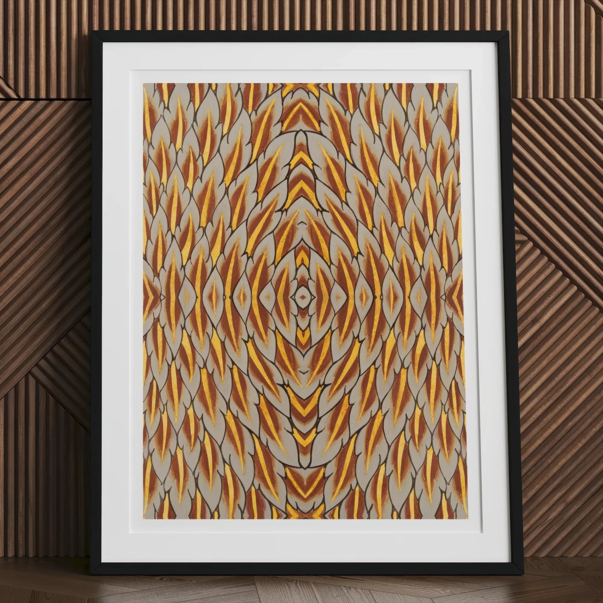 Featherweight Champion - Trippy Thai Garuda Art Print, Framed Abstract Artwork Symmetrical Pattern Orange Yellow Gray