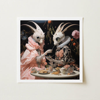 Feeding Frenzy - Lowbrow Alien Art Print / Canvas Framed Artwork Two Elegant Insect-like Figures Ornate Period Renaissance, Phantasmagoric