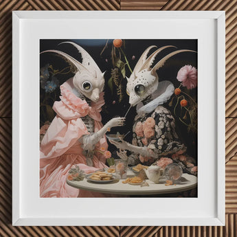 Feeding Frenzy - Lowbrow Alien Art Print / Canvas Framed Artwork Two Ornate Insect-like Figures Elaborate Period Renaissance,