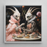 Feeding Frenzy - Lowbrow Alien Art Print / Canvas Framed Artwork Two Ornate White-furred Creatures Long Horns Renaissance, Phantasmagoric