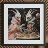 Feeding Frenzy - Lowbrow Alien Art Print / Canvas Framed Artwork Two Ornate White Insect-like Figures Period Renaissance, Phantasmagoric