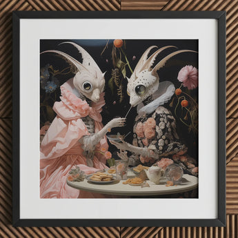Feeding Frenzy - Lowbrow Alien Art Print / Canvas Framed Artwork Two Ornate White Insect-like Figures Period Renaissance, Phantasmagoric