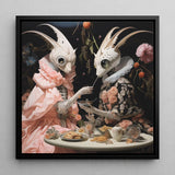 Feeding Frenzy - Lowbrow Alien Art Print / Canvas Framed Artwork Two Whimsical Insect-like Figures Ornate Period Renaissance,