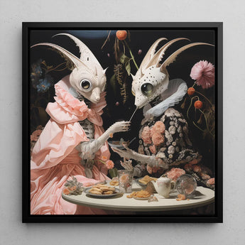 Feeding Frenzy - Lowbrow Alien Art Print / Canvas Framed Artwork Two Whimsical Insect-like Figures Ornate Period Renaissance,