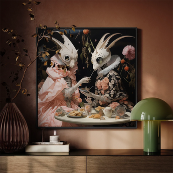 Feeding Frenzy - Lowbrow Alien Art Print / Canvas Framed Artwork Two Whimsical White-furred Creatures Eyes Antler-like Lowbrow Alien