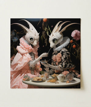 Square Canvas Print Two Ornate White Insect-like Figures Lowbrow Alien Renaissance, Art, Phantasmagoric Feast