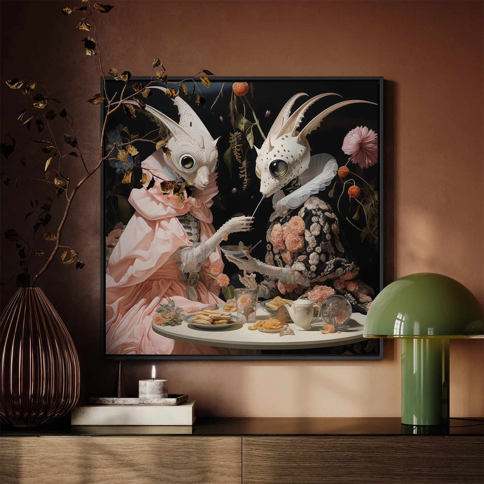 Feeding Frenzy - Surreal Lowbrow Alien Framed Canvas, Framed Anthropomorphic Rabbit Tea Party Artwork