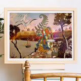 Feeding Time - Surreal Japanese Ritual Collage Art Print Framed Whimsical Artwork Fantasy Figures Birds Dreamlike Landscape, Prints