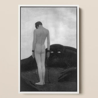 Feeling of Dependency - Sascha Schneider Art Print / Canvas Black-and-white Framed Artwork Nude Figure Chained Dark Face-like, Spectral
