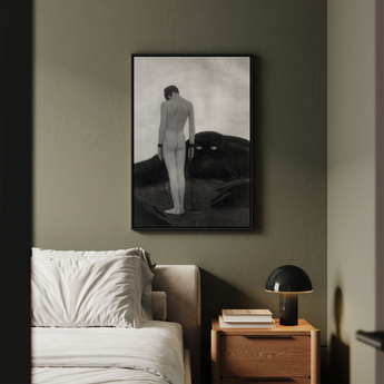 Feeling of Dependency - Sascha Schneider Art Print / Canvas Black-framed Black-and-white Artwork Nude Figure Dark Shadowy Form, Spectral