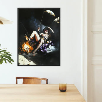 Feet to the Fire - Surreal Gay Pirate Fantasy Art Print / Canvas Black-framed Artwork Dramatic Scene Figure Purple Gold Attire, Queer