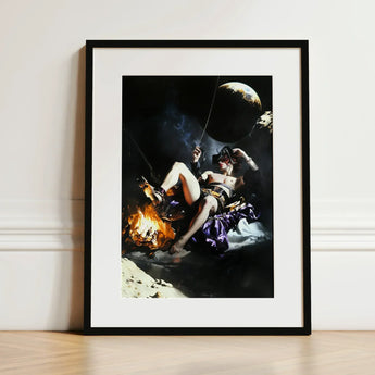 Feet to the Fire - Surreal Gay Pirate Fantasy Art Print / Canvas Black-framed Dramatic Darkly Lit Scene Figure, Queer Fantasies Ignites,