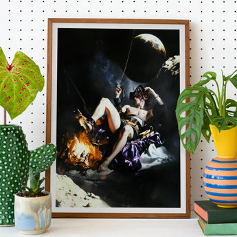 Feet to the Fire - Surreal Gay Pirate Fantasy Art Print / Canvas Framed Surrealist Artwork Figure Fantastical Space Scene Celestial, Queer