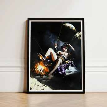 Black-framed Art Print Dramatic Scene Figure Purple Gold Surreal Gay Pirate, Queer Fantasies Ignites, Fantasy