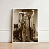 Female Model Standing - Alphonse Mucha Art Print / Canvas Sepia-toned Framed Photograph Woman Ornate Long-sleeved Gown Intricate Inside