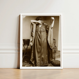 Female Model Standing - Alphonse Mucha Art Print / Canvas Framed Sepia-toned Photograph Woman Ornate Long-sleeved Gown Intricate Inside