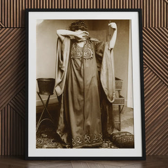 Female Model Standing - Alphonse Mucha Art Print / Canvas Black-framed Sepia-toned Photographic Woman Ornate Long-sleeved Gown Inside