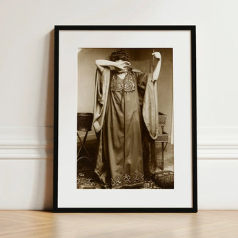Female Model Standing - Alphonse Mucha Art Print / Canvas Black-framed White-matted Vintage Sepia-toned Photograph Woman Ornate Long Inside
