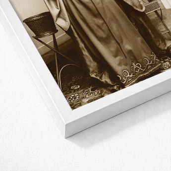 Female Model Standing - Alphonse Mucha Art Print / Canvas Sepia-toned Framed Photograph Woman’s Ornate Dark Fabric Skirt Inside Mucha’s