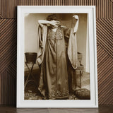 Female Model Standing - Alphonse Mucha Art Print / Canvas Vintage Sepia-toned Framed Photograph Woman Ornate Long-sleeved Gown Inside