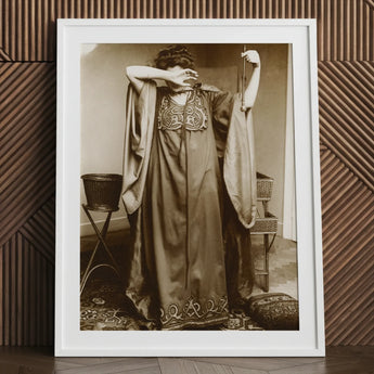 Female Model Standing - Alphonse Mucha Art Print / Canvas Vintage Sepia-toned Framed Photograph Woman Ornate Long-sleeved Gown Inside