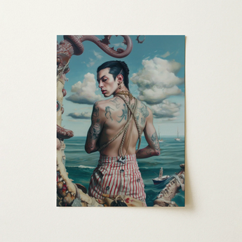 Femboy Fatale - Queer Lowbrow Sailor Art Print / Canvas Surreal Oil Painting Tattooed Man Red White Striped