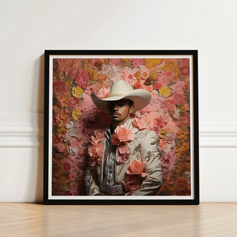 Framed Portrait Man Ornate White Cowboy Hat Embroidered Gay Mexican Vaquero, Elegant Latino Outlaw’s, Vintage