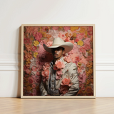 Framed Portrait Man White Cowboy Hat Ornate Light Gay Mexican Vaquero, Elegant Latino Outlaw’s, Vintage