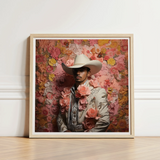 Framed Portrait Man White Cowboy Hat Ornate Light Gay Mexican Vaquero, Elegant Latino Outlaw’s, Vintage