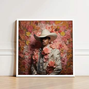 Framed Portrait Man Ornate White Cowboy Hat Light-colored Gay Mexican Vaquero, Elegant Latino Outlaw’s, Vintage