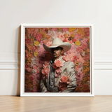 White Framed Art Print Man Cream-colored Cowboy Hat Gay Mexican Vaquero, Elegant Latino Outlaw’s, Vintage