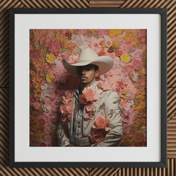 Fernando - Gay Mexican Vaquero Art Print / Canvas Framed Portrait Man Ornate White Cowboy Hat Embroidered, Elegant Latino Outlaw’s, Vintage