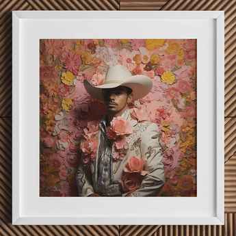 Fernando - Gay Mexican Vaquero Art Print / Canvas Framed Portrait Man Ornate White Cowboy Hat Embroidered Gay Mexican Vaquero, Elegant