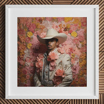 Fernando - Gay Mexican Vaquero Art Print / Canvas Framed Portrait Man Ornate White Cowboy Hat Embroidered, Elegant Latino Outlaw’s, Vintage