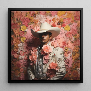 Fernando - Gay Mexican Vaquero Art Print / Canvas Framed Portrait Man White Cowboy Hat Ornate Light-colored, Elegant Latino Outlaw’s,
