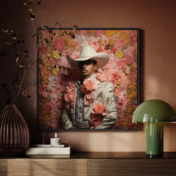 Fernando - Gay Mexican Vaquero Art Print / Canvas Framed Portrait Man White Cowboy Hat Ornate Light-colored, Elegant Latino Outlaw’s,