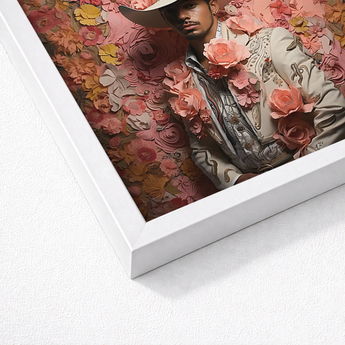 White Framed Art Print Man Cowboy Hat Embroidered Gay Mexican Vaquero, Elegant Latino Outlaw’s, Vintage