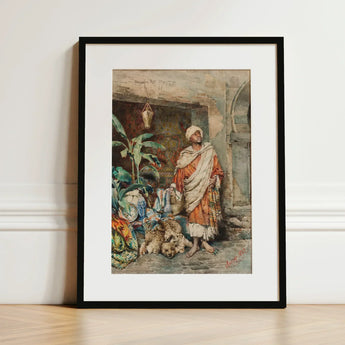 Figure of a Moor - Carlo Ascenzi Art Print / Canvas Black-framed Watercolor Painting African Man Traditional, Echo Clings, Ochre Walls